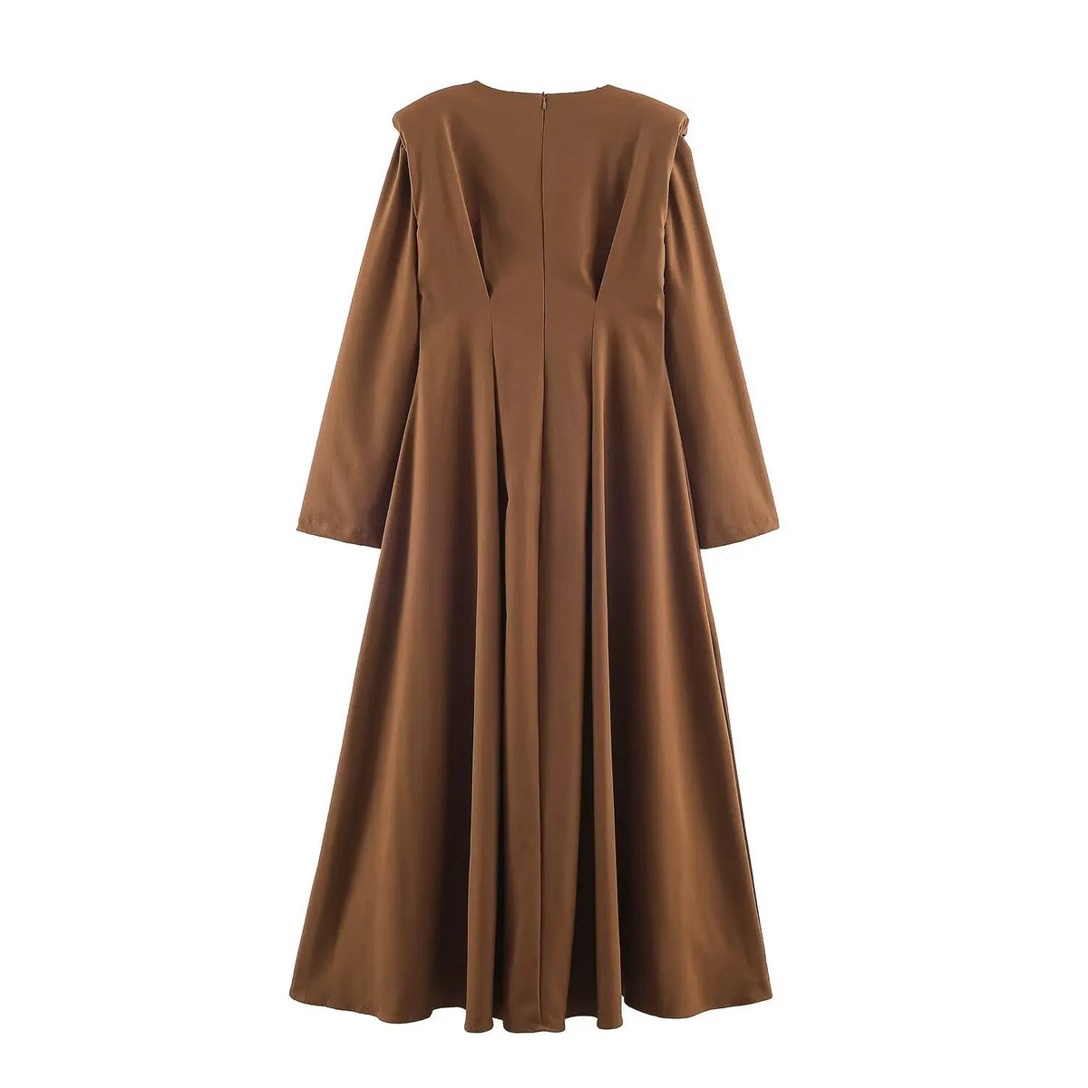 Back view of dark brown long sleeve dress showing invisible zipper and relaxed flared silhouette
