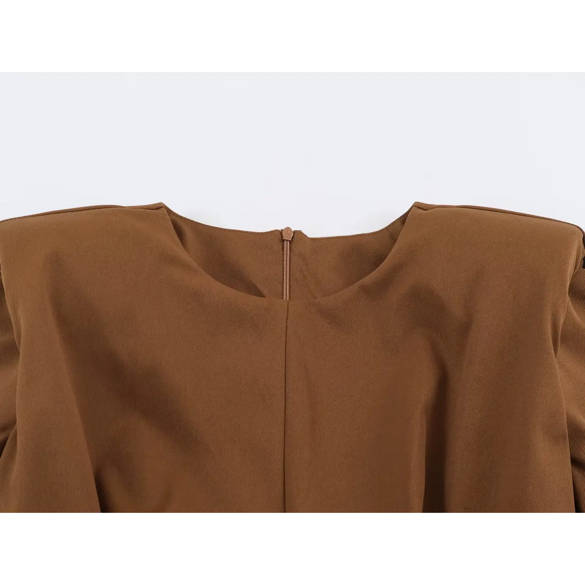 Close-up of round neckline and back zipper of dark brown long sleeve dress