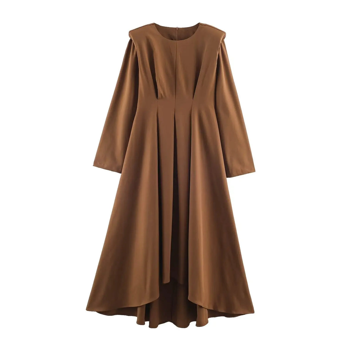 Front view of dark brown long sleeve dress with epaulette shoulder details, round neck and ruffle asymmetric hem on white background