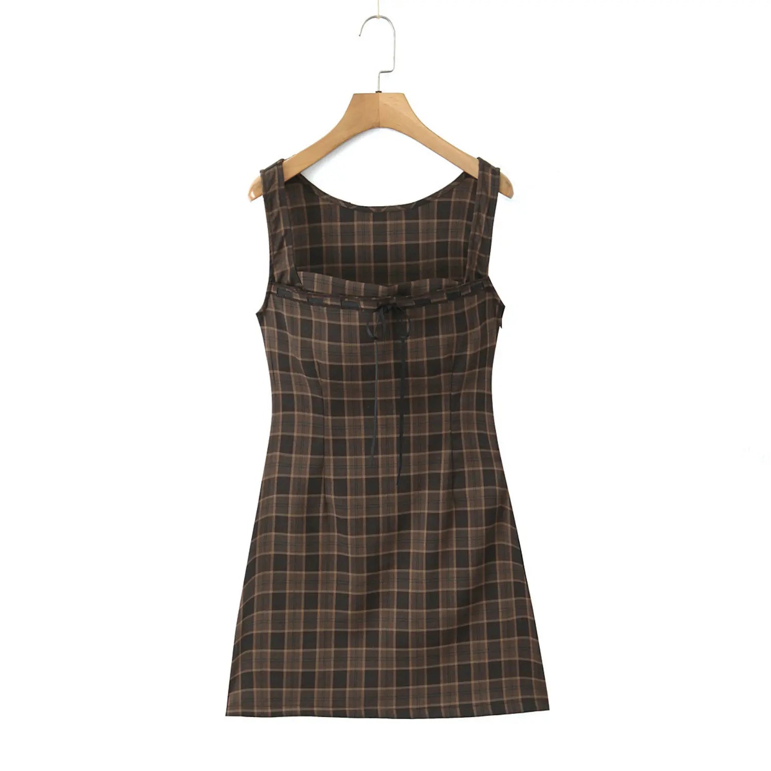 Full back white background product shot, sleeveless wide strap mini dress, scoop back neck, decorative black ribbon bow at mid-back, fitted darted waist, straight A-line mini skirt, dark brown vintage plaid print