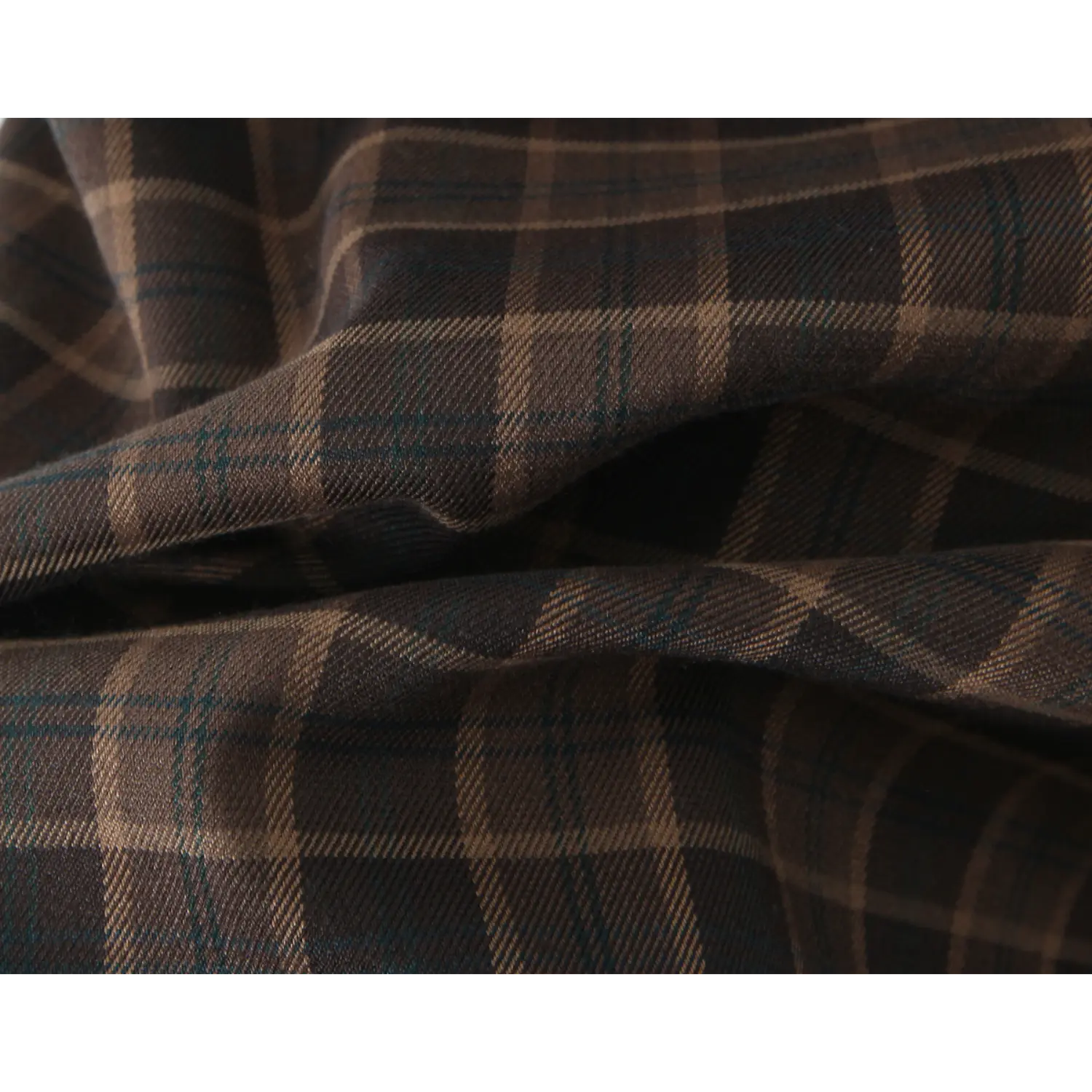 Macro fabric drape shot, thick soft twill woven texture, dark brown base with tan & thin teal intersecting plaid lines, natural soft wrinkle resistance