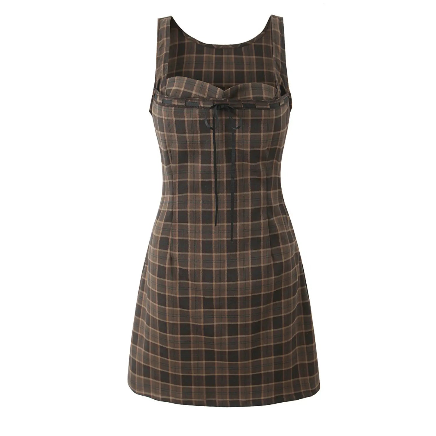 Complete front white background flat lay, sleeveless wide scoop neck mini dress, vertical bust & waist shaping darts, slim fit flared A-line short skirt, vintage dark brown grid plaid twill fabric