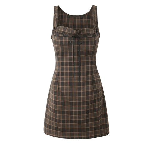Complete front white background flat lay, sleeveless wide scoop neck mini dress, vertical bust & waist shaping darts, slim fit flared A-line short skirt, vintage dark brown grid plaid twill fabric