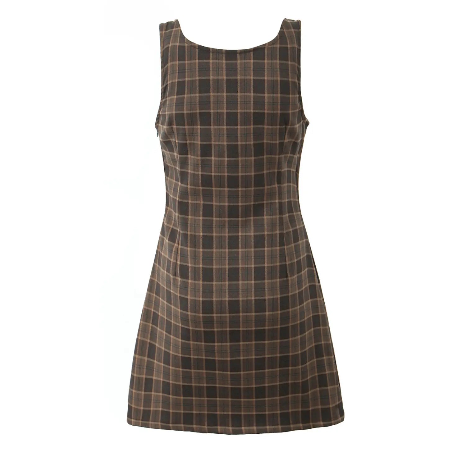 Minimal front flat shot without overlay bust panel, simple round scoop neck, all vertical tailored shaping darts, clean slim A-line mini silhouette