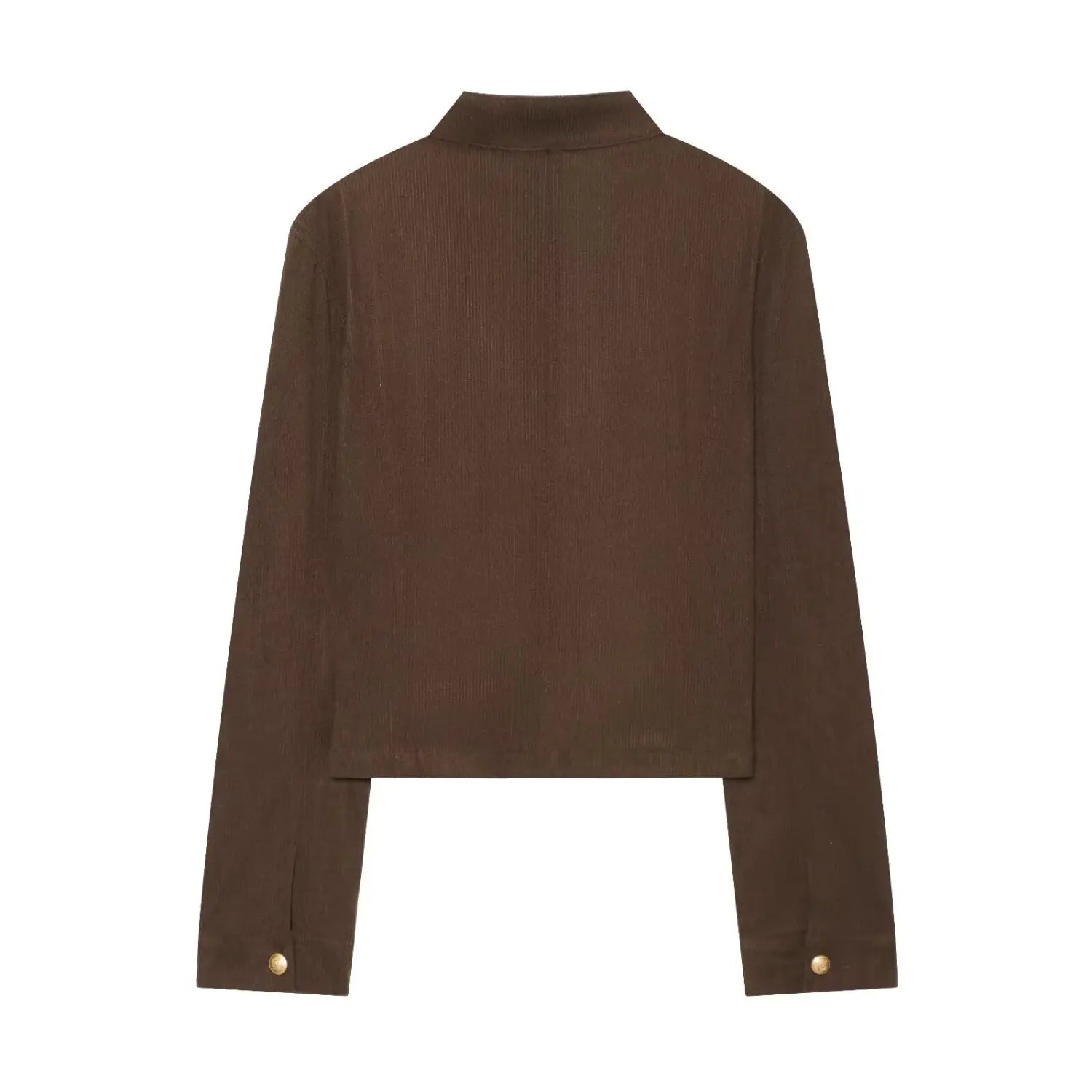Back view dark brown stand collar corduroy cropped military jacket