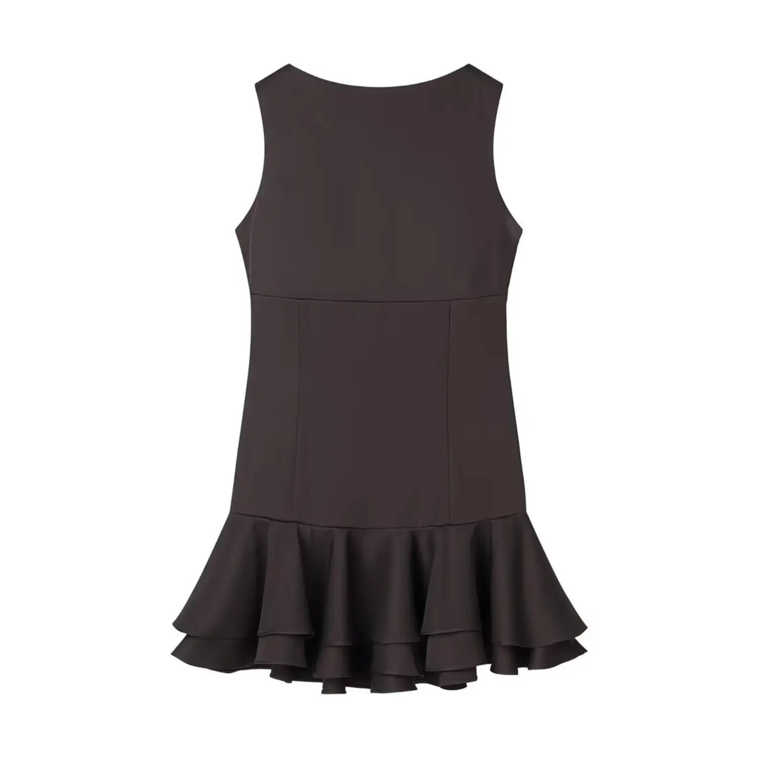 Flat lay back view of dark brown sleeveless mini dress, fitted silhouette with tiered ruffle hem