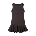 Flat lay front view of dark brown sleeveless mini dress with layered ruffle hem