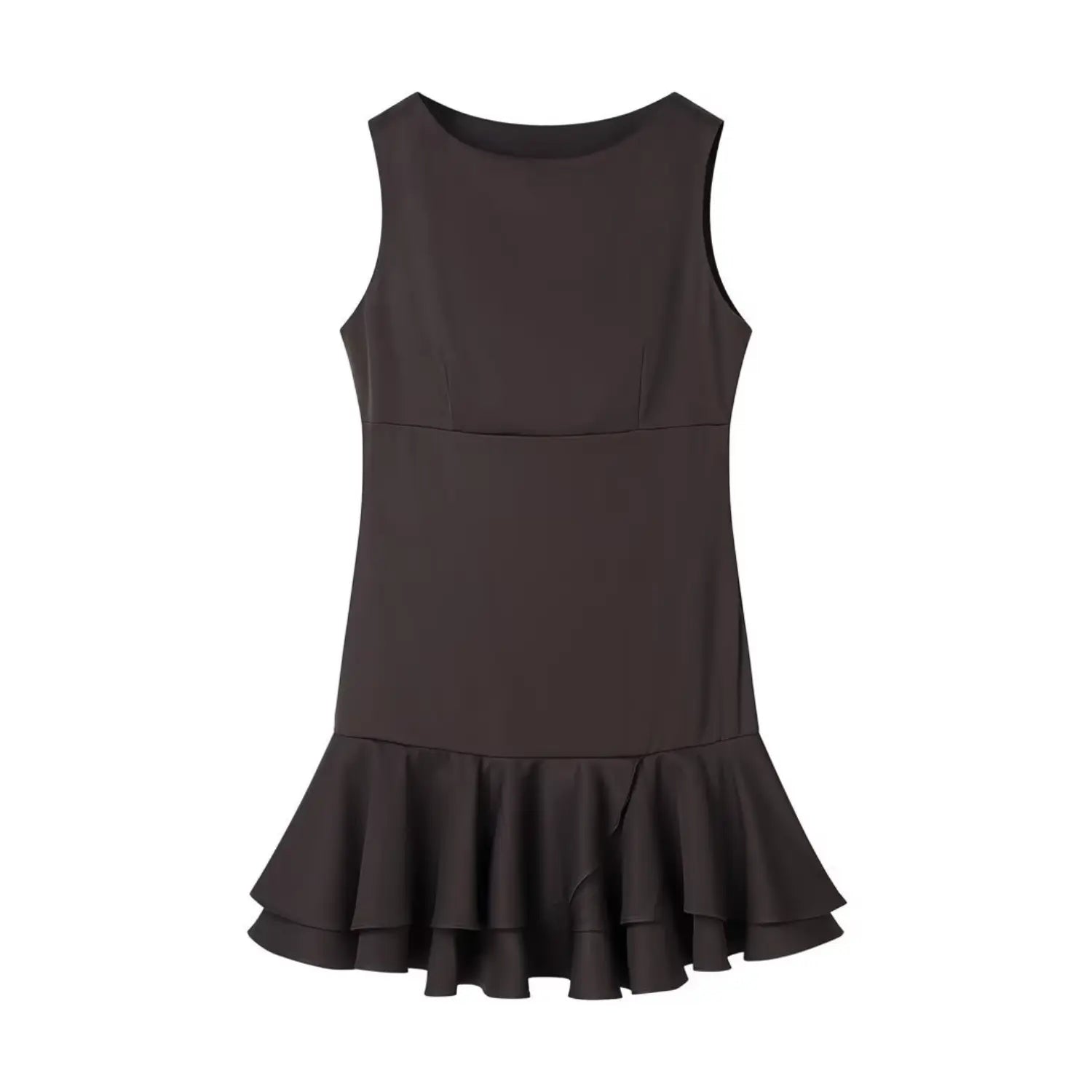 Flat lay front view of dark brown sleeveless mini dress with layered ruffle hem