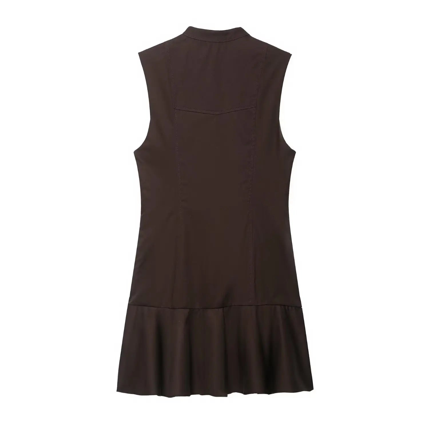Full back view of dark brown sleeveless trench mini dress, tailored stitching, flared ruffle hem, isolated white background