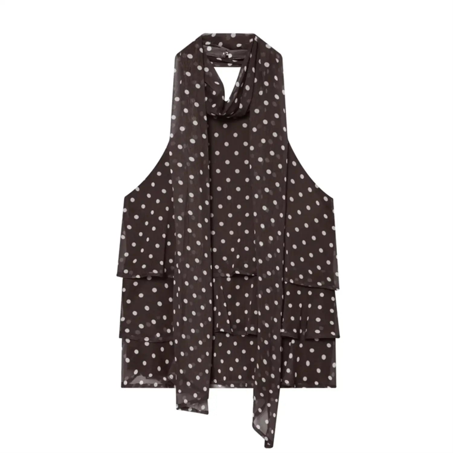 Full front flat lay dark tone polka dot cami, wrapped halter neck with hanging long ties, tiered layered ruffle hem, sheer crinkled chiffon texture