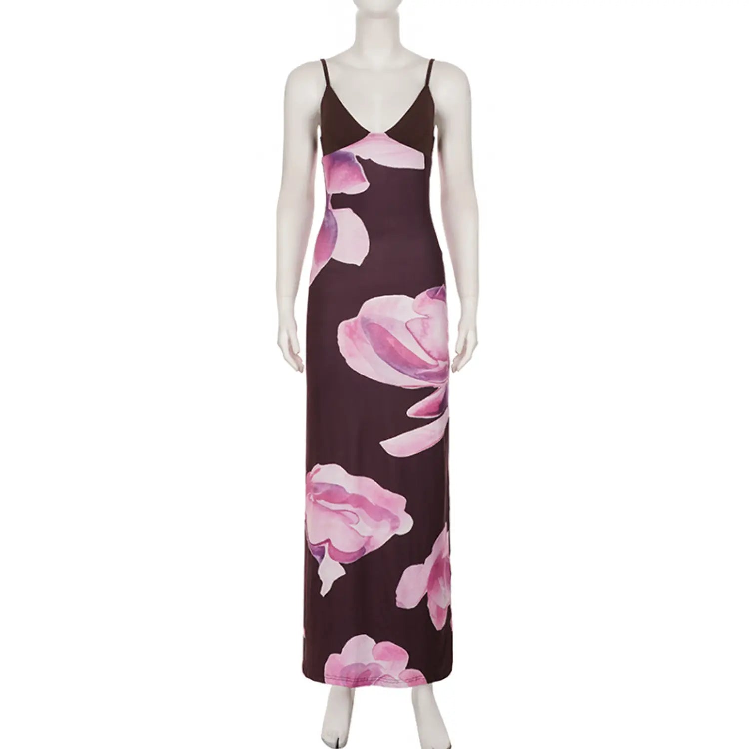 Full front white studio mannequin shot of figure-hugging slip maxi dress, deep V solid brown bust, adjustable thin shoulder straps, large soft watercolor magnolia floral print all over skirt
