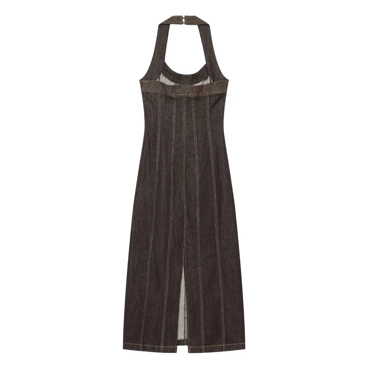 Back view dark brown denim halter maxi dress, back slit, contrast topstitching detail