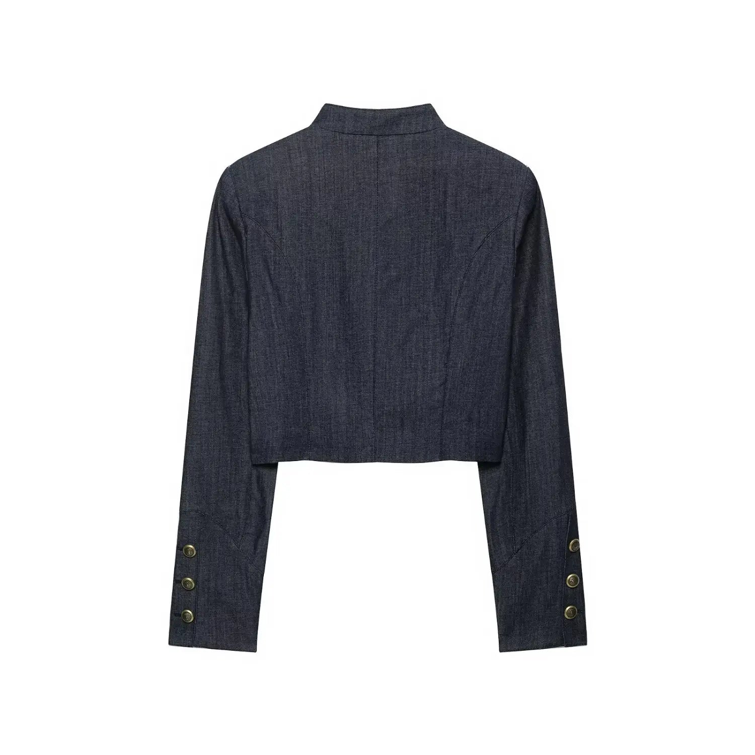 Back view dark blue denim cropped blazer with metal buttons on cuffs for women