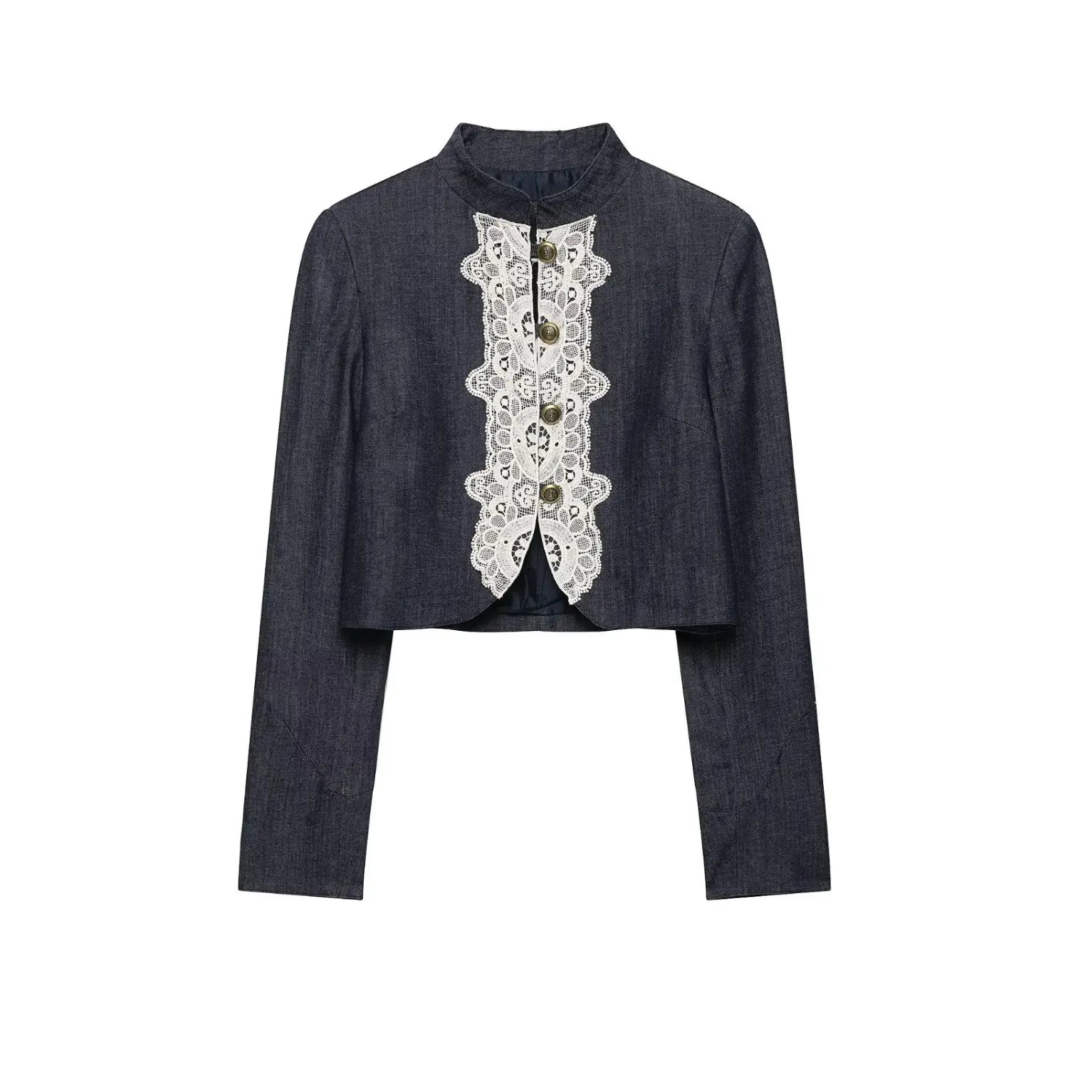 Dark denim cropped jacket with white lace trim stand collar long sleeve front view