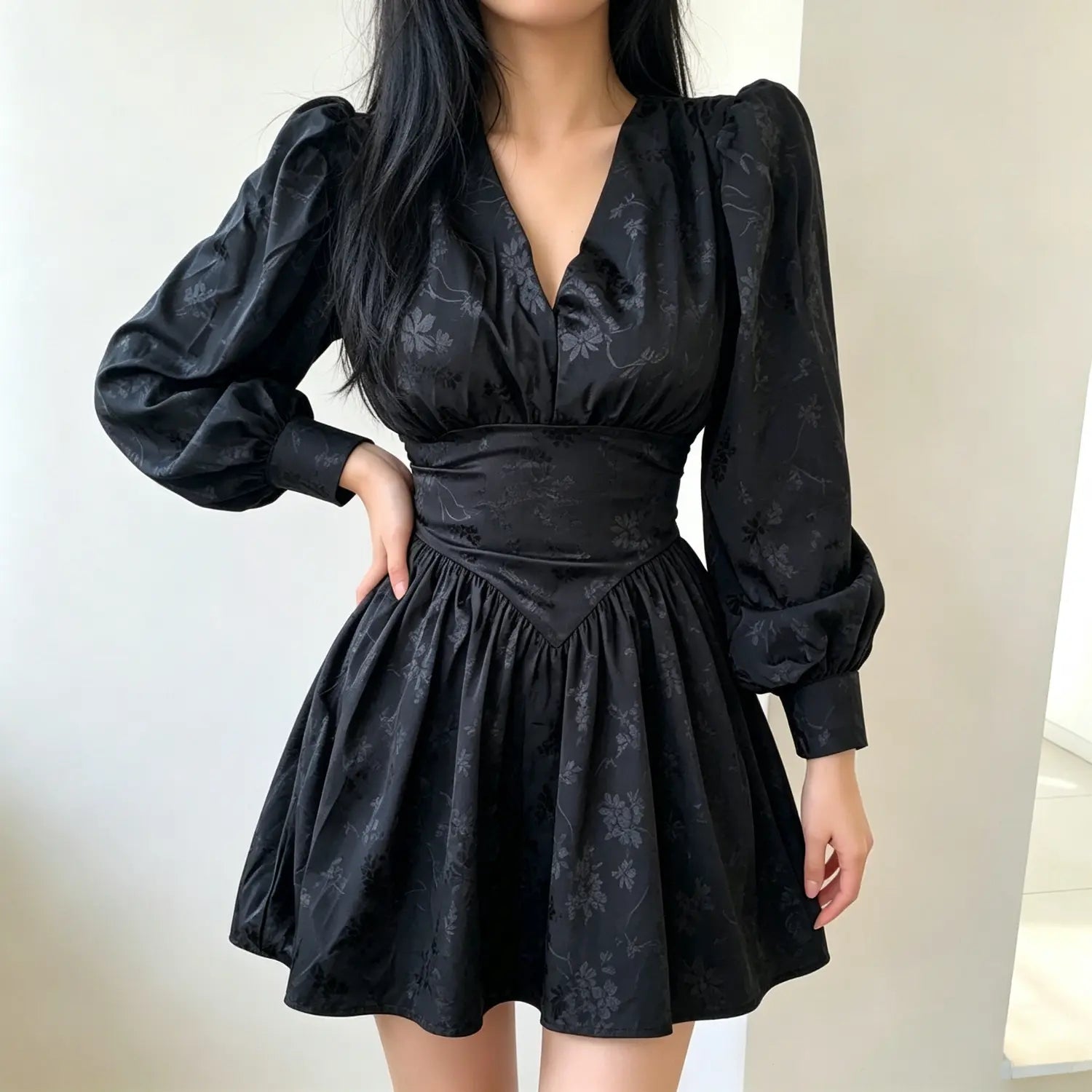 Front view black allover floral jacquard dress, puff long sleeve v neck triangle waistband mini dress | Detail