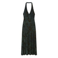 Front view dark green floral chiffon halter neck maxi dress, deep V-neck, sleeveless flowy long dress