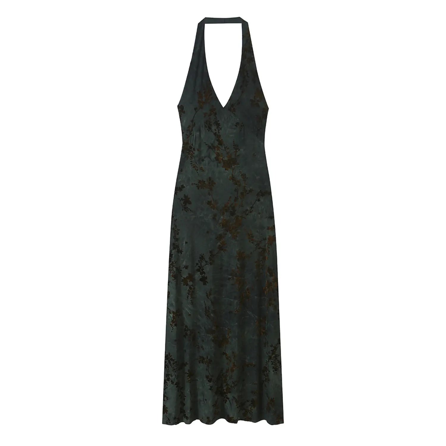 Front view dark green floral chiffon halter neck maxi dress, deep V-neck, sleeveless flowy long dress