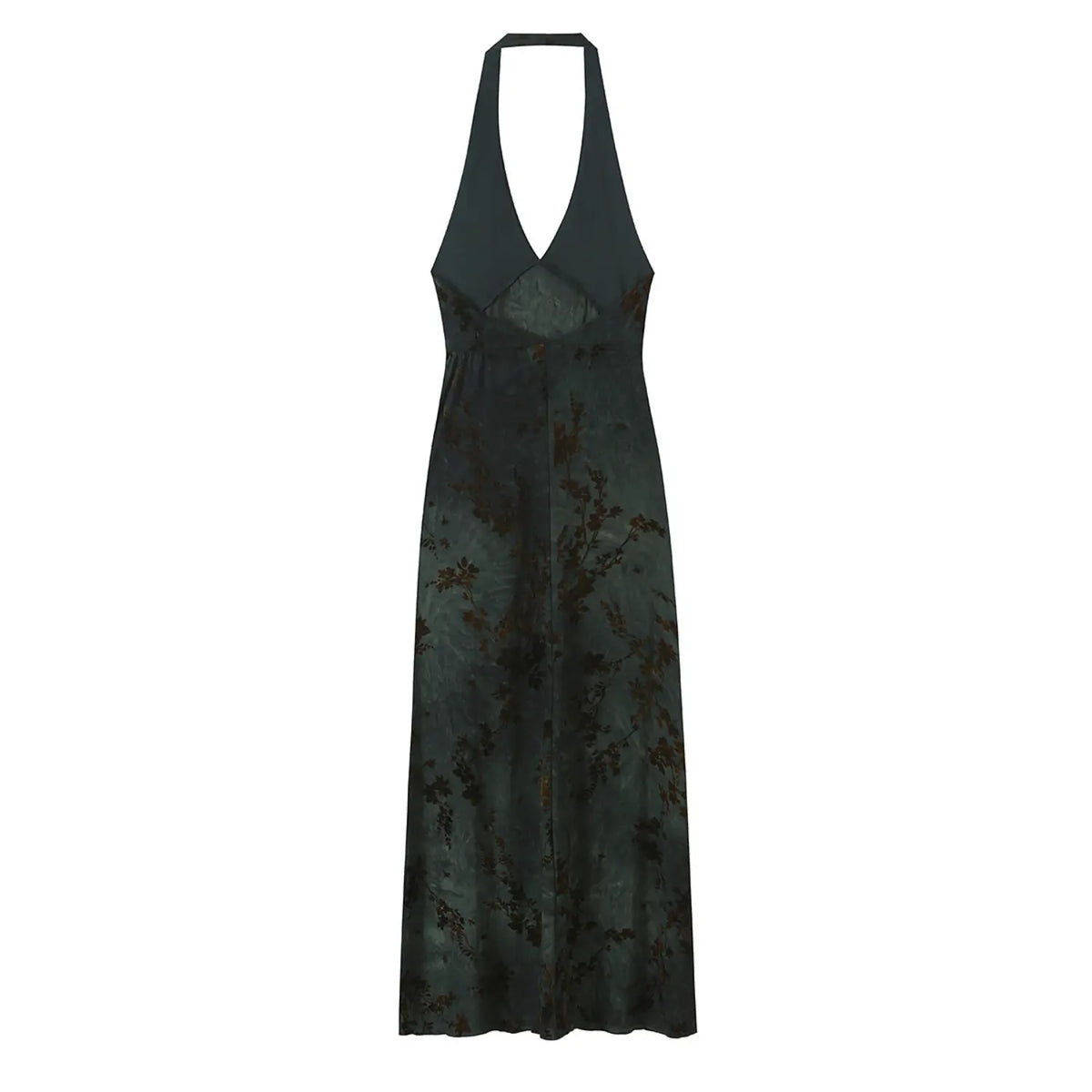 Back view dark green floral chiffon halter maxi dress, open back detail, sheer layered skirt