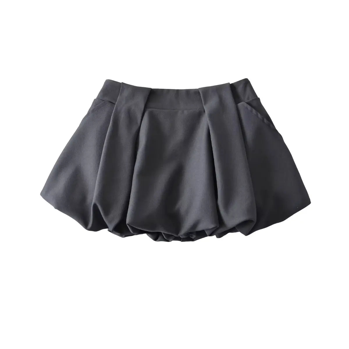 Dark grey high-waisted bubble mini skirt, full front view on white background