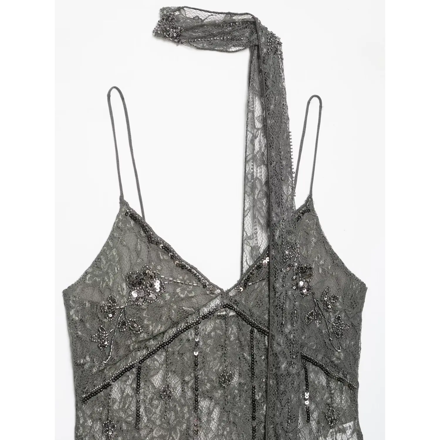 Flat lay upper full view v‑neck dark grey lace cami showing beading details and long matching lace neck tie sash