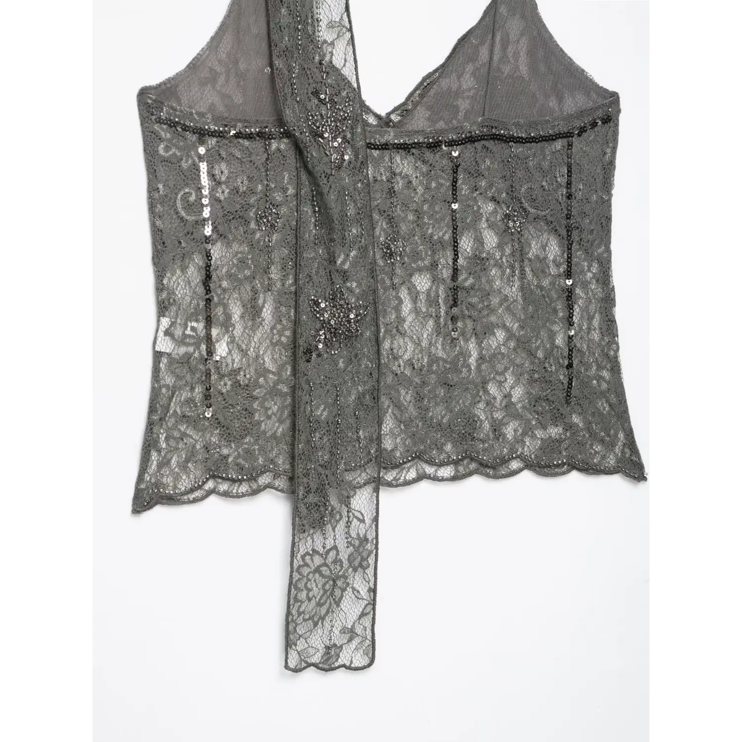 Flat lay full back view dark grey sheer lace cami showing vertical sequin lines, floral beadwork and scalloped bottom hem