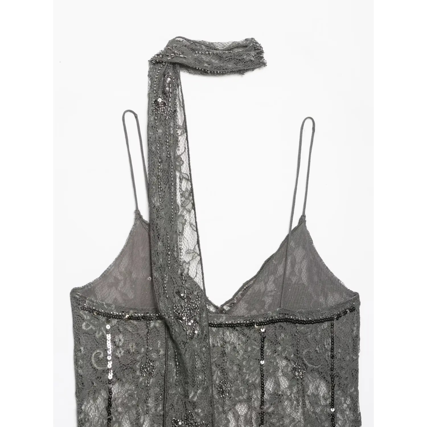 Flat lay upper back view dark grey lace camisole top with sequin beading and decorated long lace neck tie sash