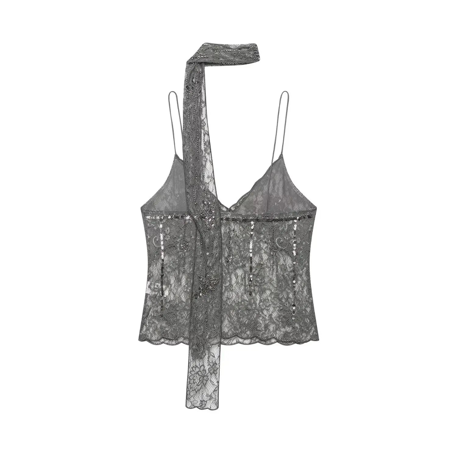 Flat lay back view dark grey sheer lace camisole top with sequin beading and hanging lace neck tie