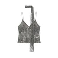 Flat lay front view dark grey lace cami top with floral sequin bead embroidery and long lace neck tie sash
