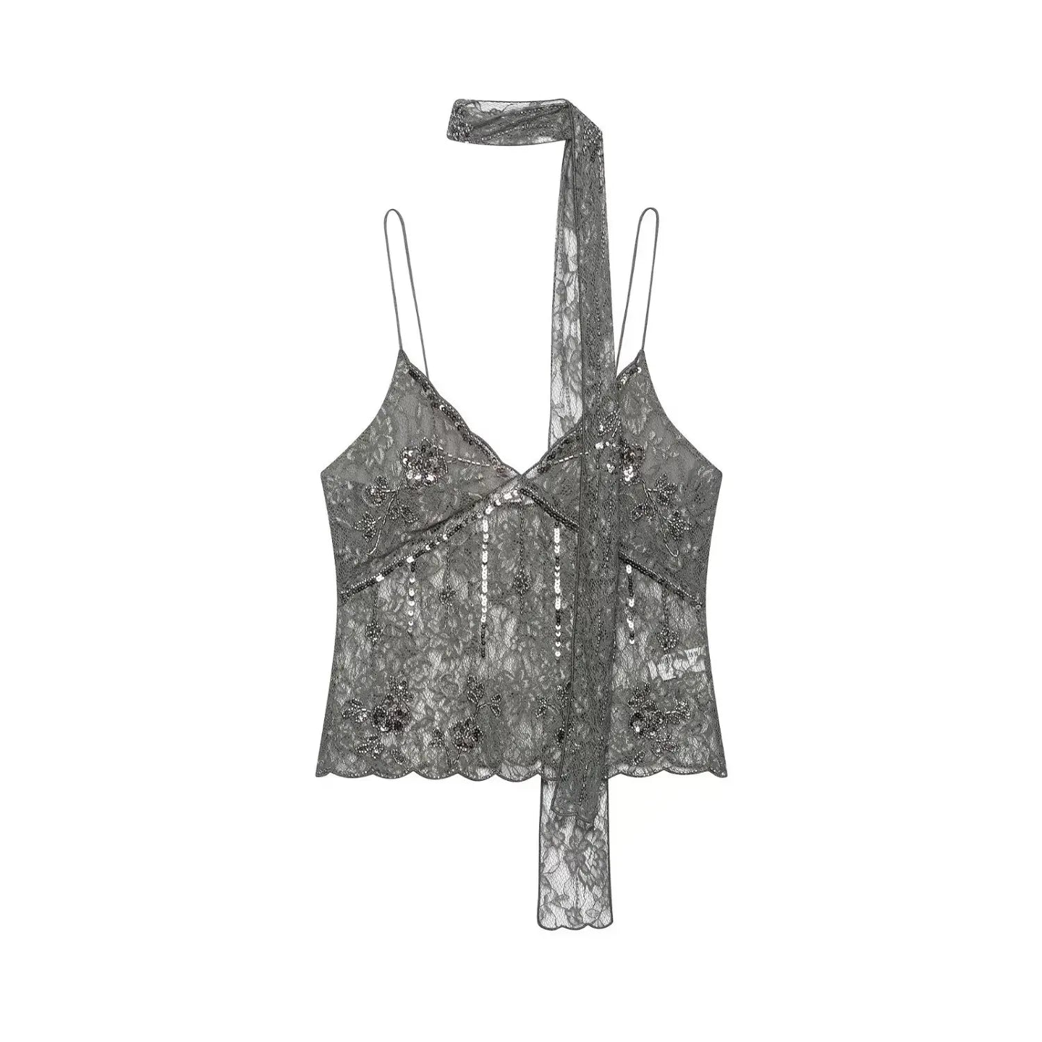Flat lay front view dark grey lace cami top with floral sequin bead embroidery and long lace neck tie sash