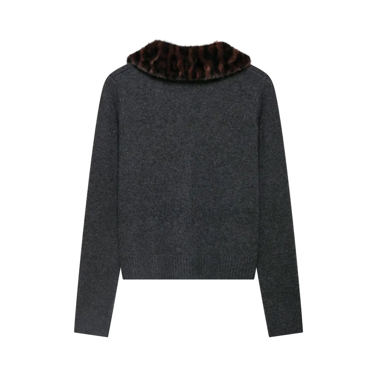 Dark grey leopard fur collar button front cardigan, back flat lay