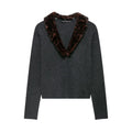 Dark grey leopard fur collar button front cardigan, front flat lay