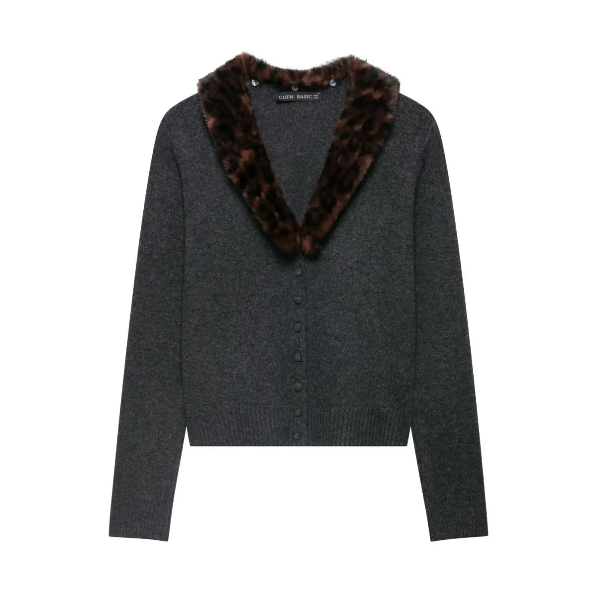 Dark grey leopard fur collar button front cardigan, front flat lay