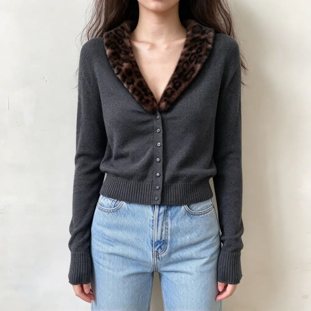 Model wearing dark grey leopard fur collar button front cardigan with jeans, front view