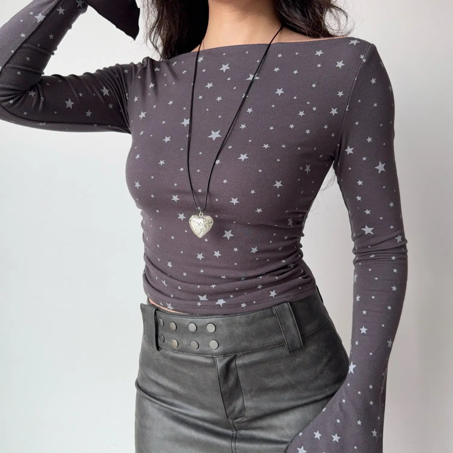Styling shot dark grey star boat neck long sleeve tee, flared cuff side shirring cropped soft stretch vintage women top