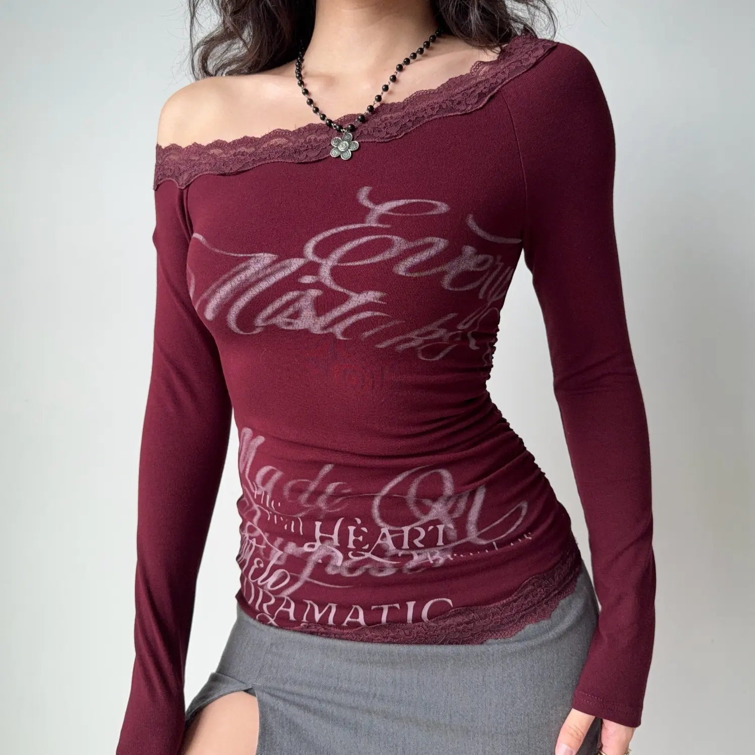  Dark burgundy lace trim off shoulder long sleeve fitted top, faded cursive heart dramatic letter print ruched side waist women tee