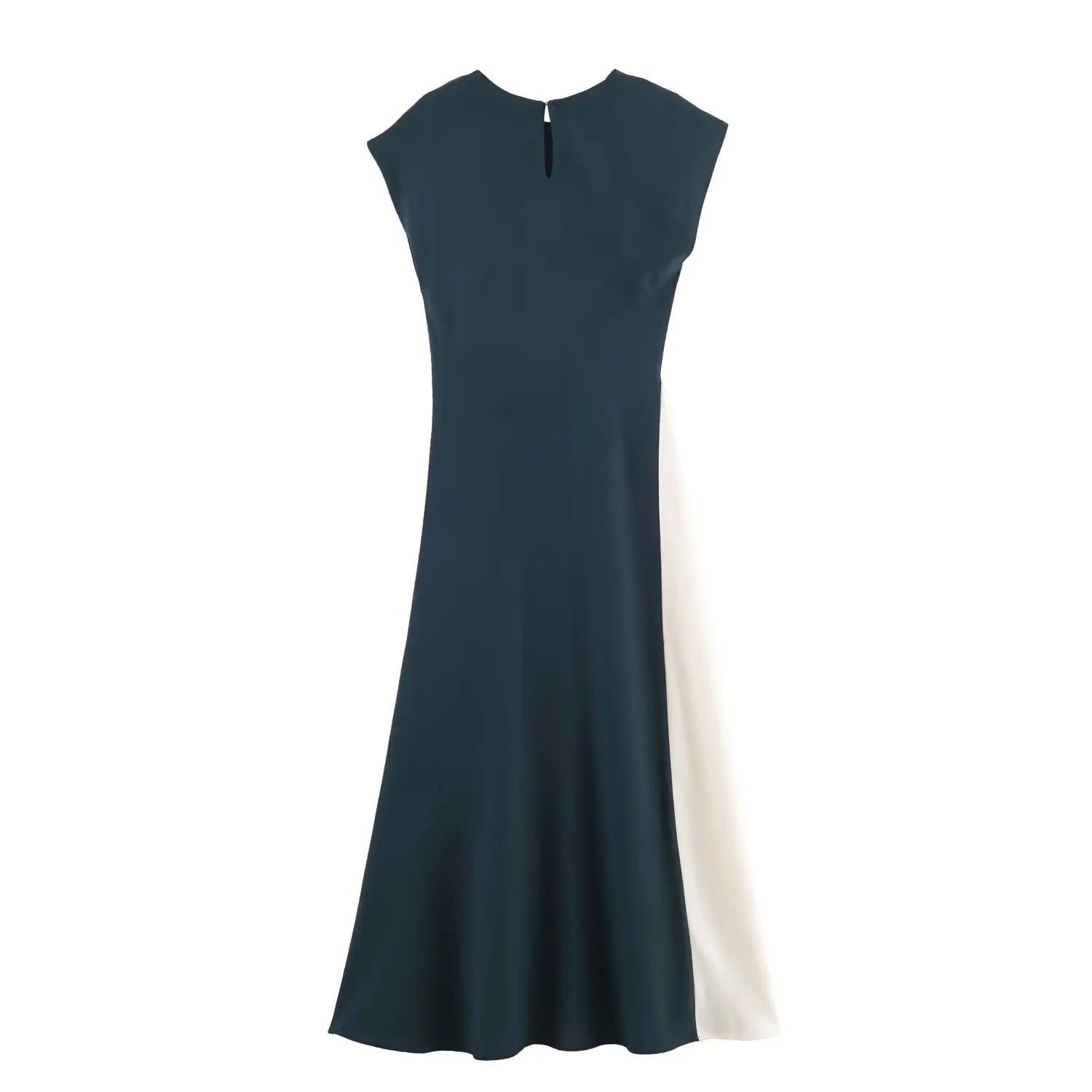 Flat‑lay back view of dark teal color‑block midi dress, back keyhole button closure, cap sleeve design, off‑white side panel, midi‑length cut