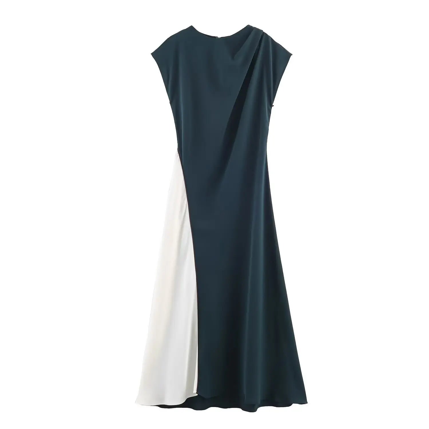 Flat‑lay front view of dark teal color‑block midi dress, draped cowl neck, cap sleeve, off‑white color‑block panel on skirt, flowy midi silhouette