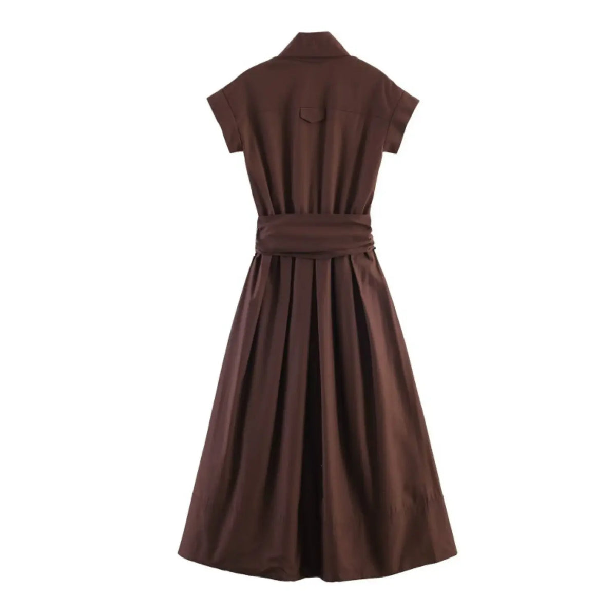 Full flat back view of dark brown wrap short sleeve maxi dress