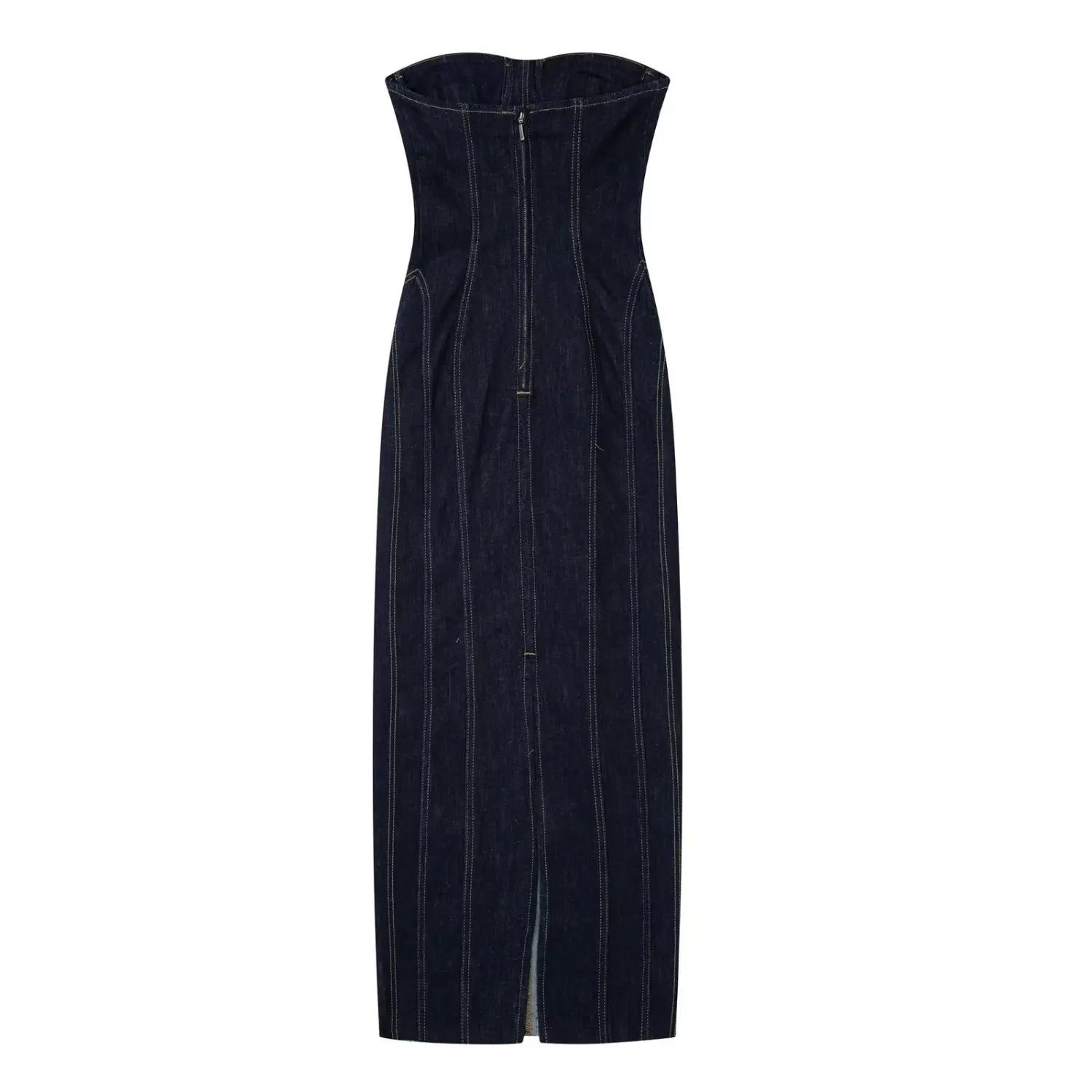 Flat lay back view of dark indigo strapless denim midi dress, central back zipper and back hem slit detail