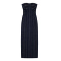 Flat lay front view of dark indigo denim strapless midi dress with contrast yellow vertical topstitching, corset bust seaming
