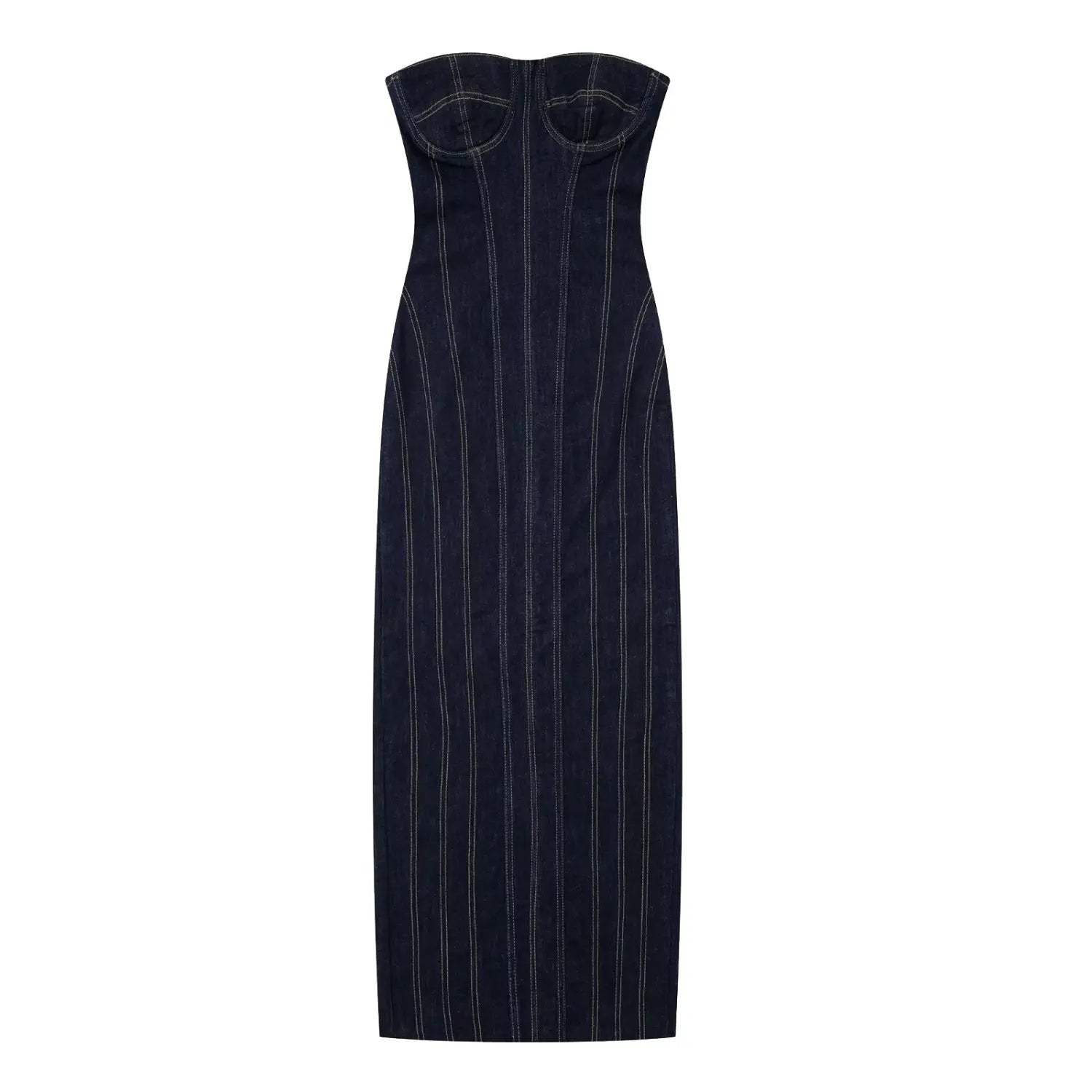 Flat lay front view of dark indigo denim strapless midi dress with contrast yellow vertical topstitching, corset bust seaming