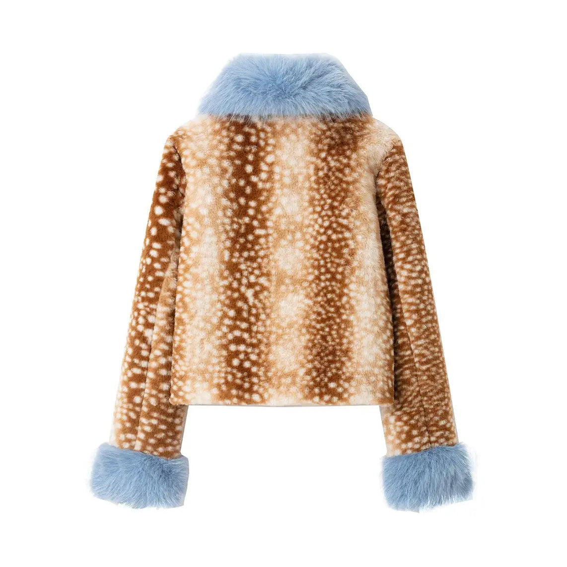 Deer spot print blue fur trim cropped jacket, back flat lay