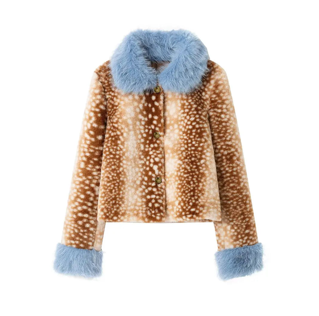 Deer spot print blue fur trim cropped jacket, front flat lay