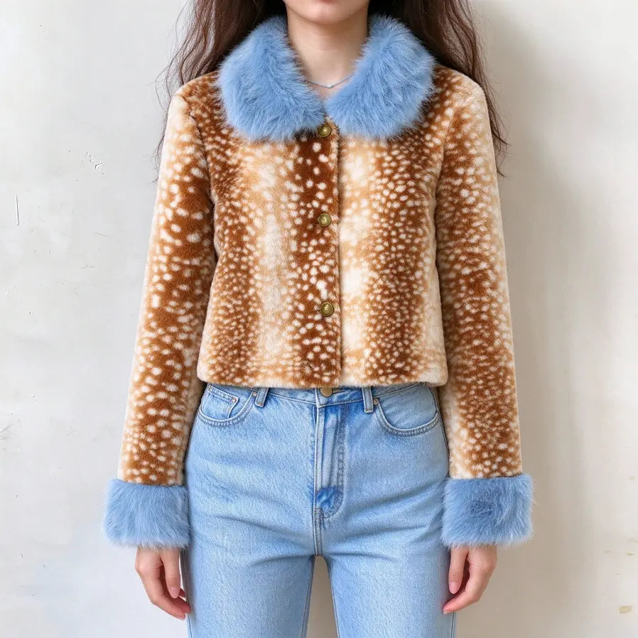 Model wearing deer spot print blue fur trim cropped jacket with jeans, front view