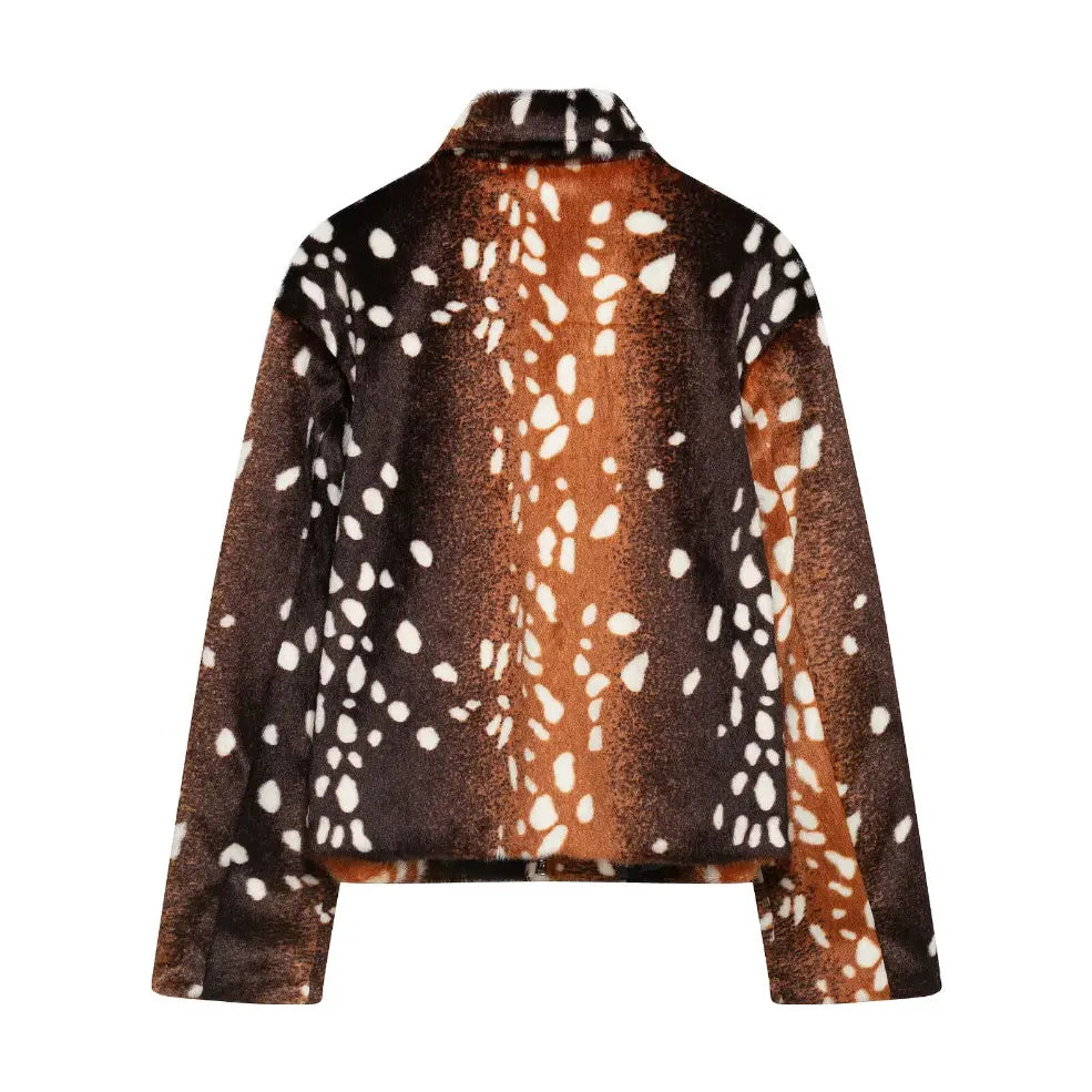 Deer spot print faux fur collared zip cropped jacket, back flat lay