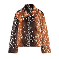 Deer spot print faux fur collared zip cropped jacket, front flat lay