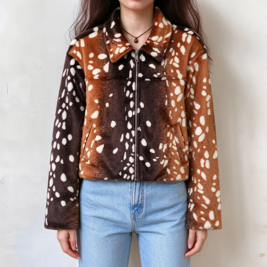 Model wearing deer spot print faux fur collared zip cropped jacket with jeans, front view