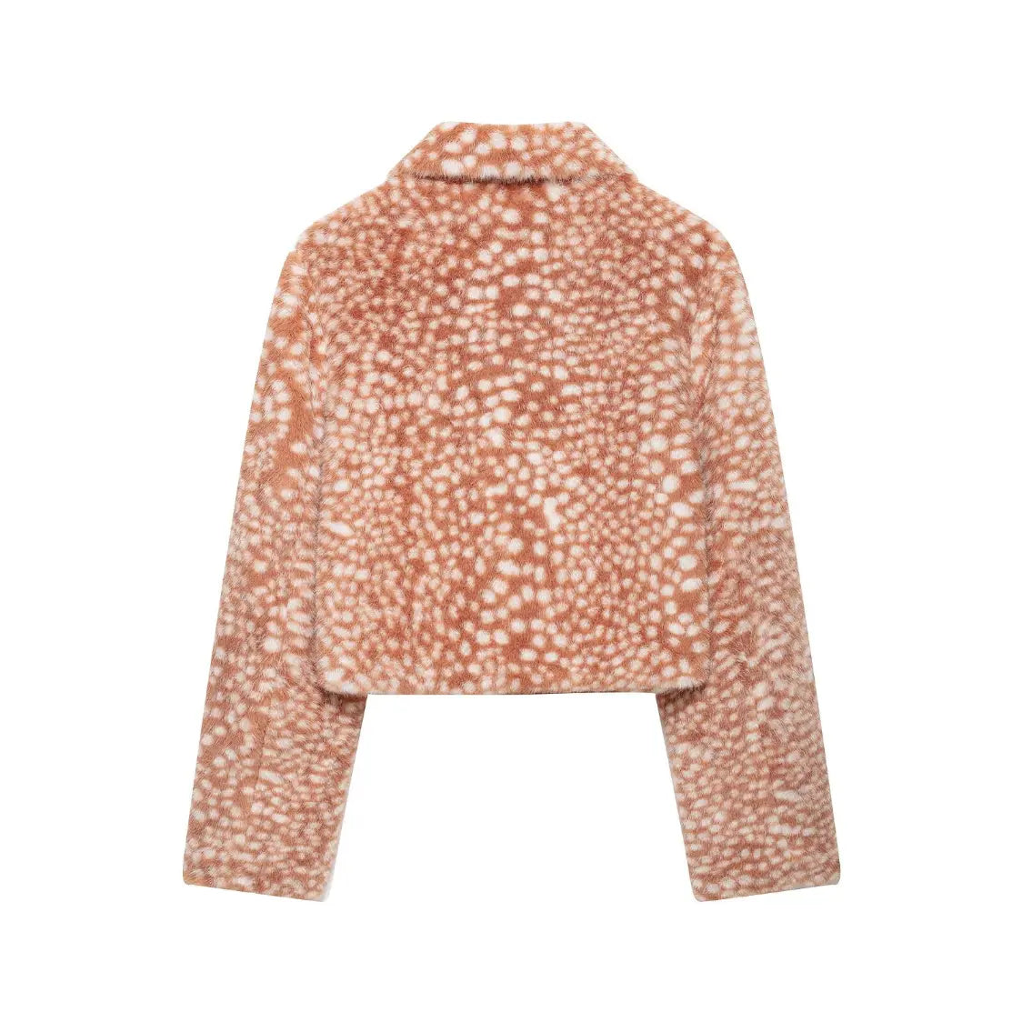 Deer spot print faux fur toggle cropped jacket flat lay, back view