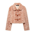 Deer spot print faux fur toggle cropped jacket flat lay, front view