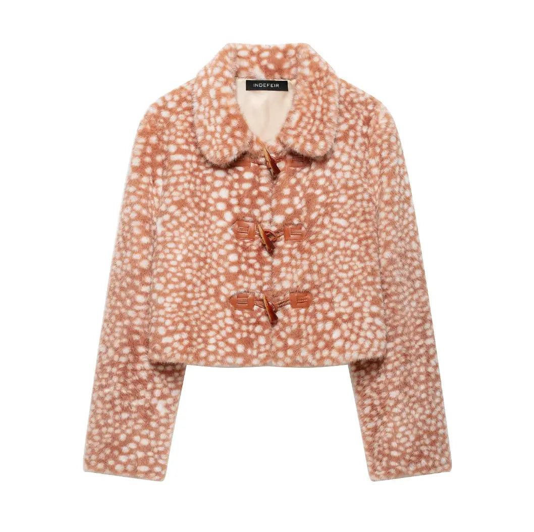 Deer spot print faux fur toggle cropped jacket flat lay, front view